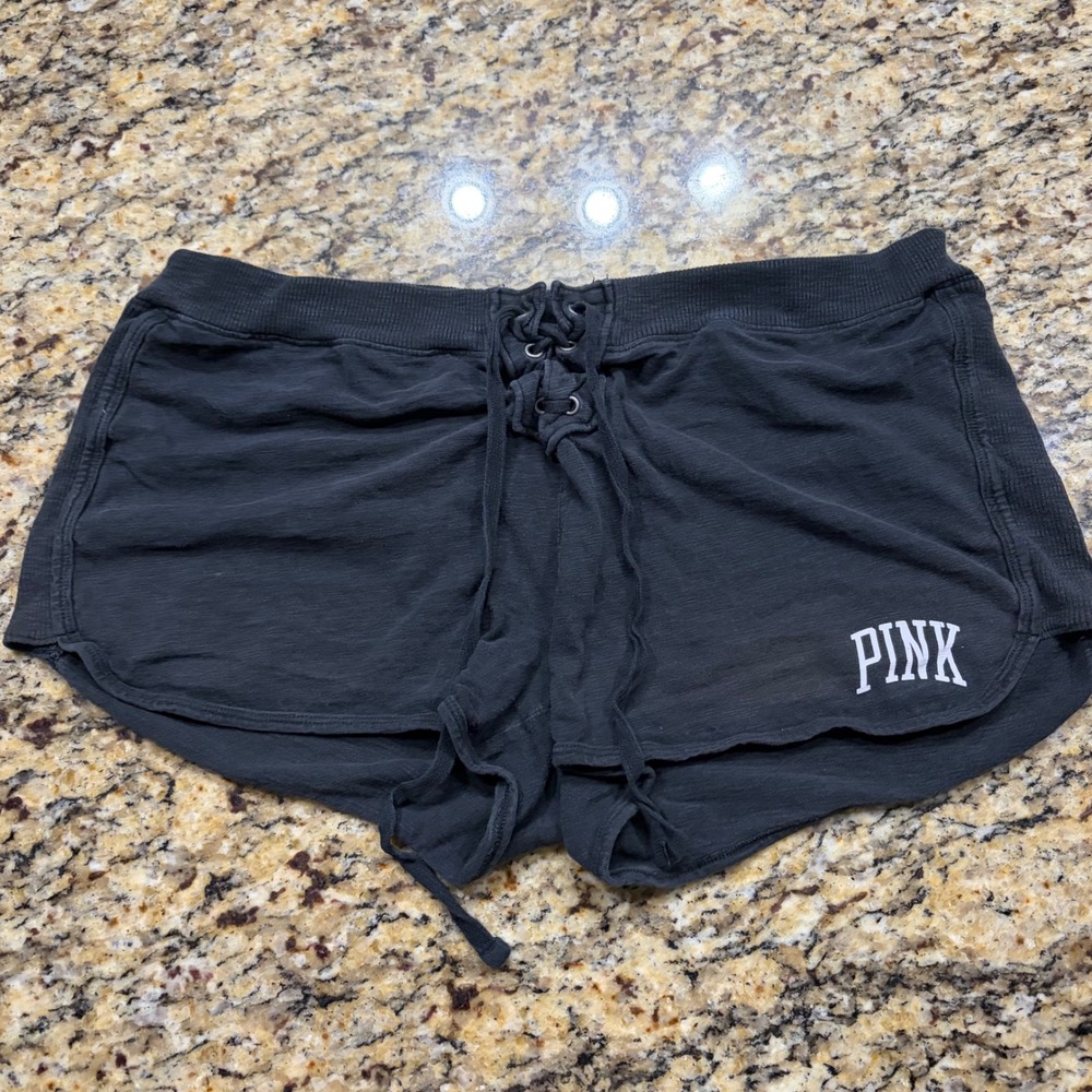 Victorias Secret PINK Black Lace Up Front Lounge Shorts Large v